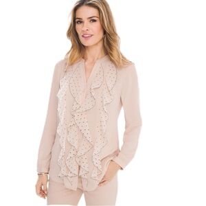 Chico's Size 3 Blush Pink Ruffled Bib Black Polka Dot Blouse Shirt Top Chicos XL